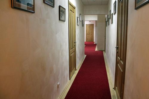 a long hallway with a red carpet and some doors at Complex Vivcharyk in Skole