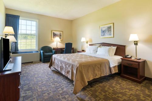 een hotelkamer met een bed en een televisie bij Quality Inn & Suites Schoharie near Howe Caverns in Schoharie