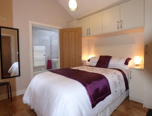 a bedroom with a large bed and a bathroom at Becws Clyd in Trawsfynydd
