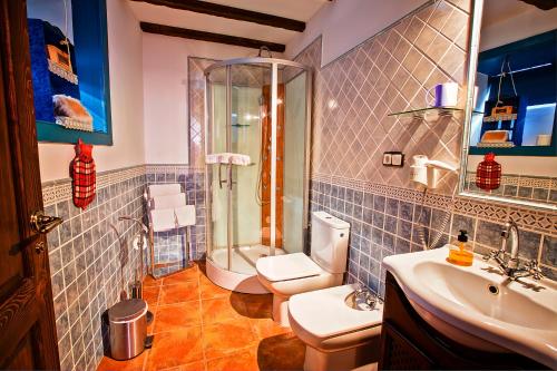 a bathroom with a shower and a toilet and a sink at Hotel Rural 4 Esquinas in San Miguel de Abona