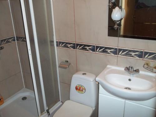 a small bathroom with a sink and a toilet at Dworek w Zieleni in Warsaw