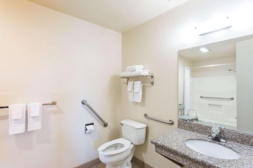 a bathroom with a toilet and a sink and a mirror at Travel Inn - Mesa in Mesa