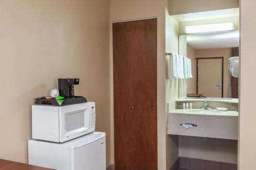 a bathroom with a microwave on top of a refrigerator at Red Carpet Inn Elkton in Elkton