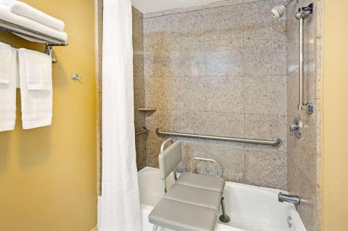 a bathroom with a toilet and a shower at Days Inn by Wyndham Lawrenceville in Lawrenceville