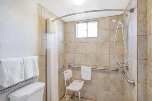 a bathroom with a toilet and a shower with a window at Days Inn by Wyndham Deming in Deming