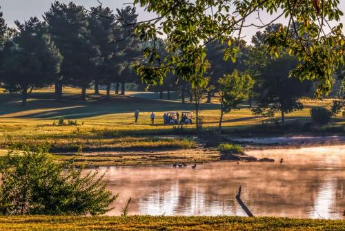 a pond in a park with ducks in the water at Days Inn Lexington SE Hamburg in Lexington