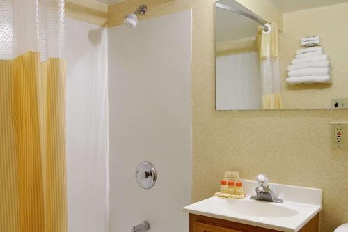 a bathroom with a sink and a shower at Days Inn by Wyndham Cleveland Lakewood in Lakewood