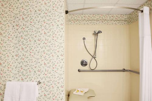 a bathroom with a shower with a flower patterned wall at Days Inn by Wyndham Grayling in Grayling