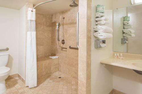 a bathroom with a shower and a toilet and a sink at Days Inn by Wyndham Palm Springs in Palm Springs