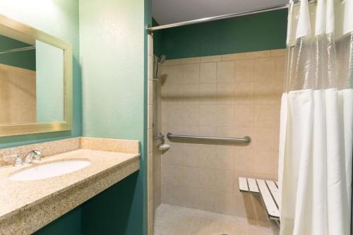 a bathroom with a sink and a shower at Palm Coast Hotel & Suites-I-95 in Palm Coast