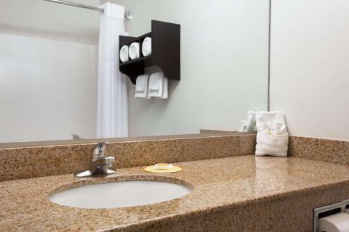 eine Badezimmertheke mit einem Waschbecken und einem Spiegel in der Unterkunft Days Inn & Suites by Wyndham Conroe North in Conroe