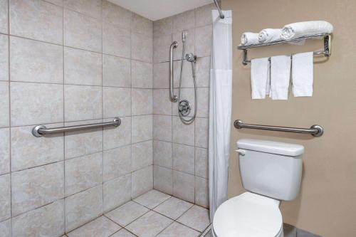 a bathroom with a toilet and a shower with towels at Days Inn by Wyndham Albion in Albion