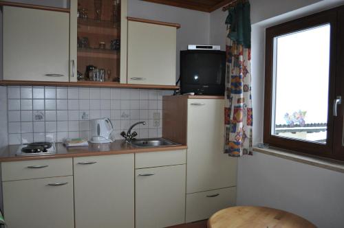 eine Küche mit einem Kühlschrank, einer Spüle und einem Fenster in der Unterkunft Landhaus Hedy in Heiterwang