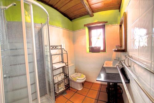 uma casa de banho com um chuveiro, um WC e um lavatório. em Geranios Rojos II em Las Rosas