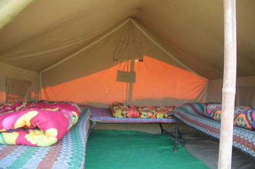 two beds in a tent with stuffed animals on them at Natural Camps with InHouse Swimming Pool in Rishīkesh