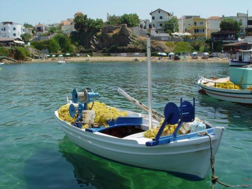 a small boat in the water on a lake at Captain's House Hotel Suites & Apartments in Panormos Rethymno