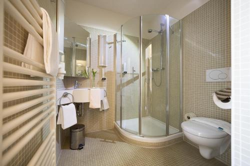 een badkamer met een douche, een toilet en een wastafel bij Hotel der Freiraum in Güssing