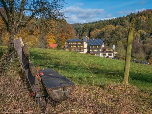 a bench sitting in the grass in a field at Natur & Wander Hotel Gassbachtal in Grasellenbach