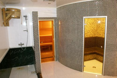 a bathroom with a shower and a walk in shower at Complex Vivcharyk in Skole