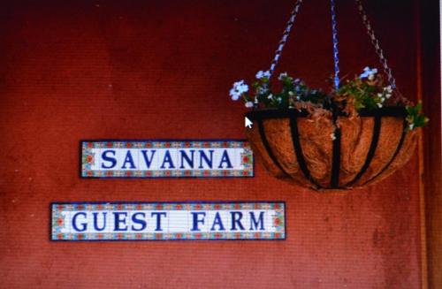 a sign that says savannah guest farm and a hanging plant at Savanna Guest Farm in Grünau