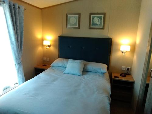 a bedroom with a large bed with blue pillows at 11 Burnside Lodge in Auchterarder