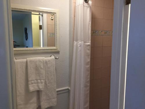 a bathroom with a shower with towels and a mirror at Catalina Island Seacrest Inn in Avalon
