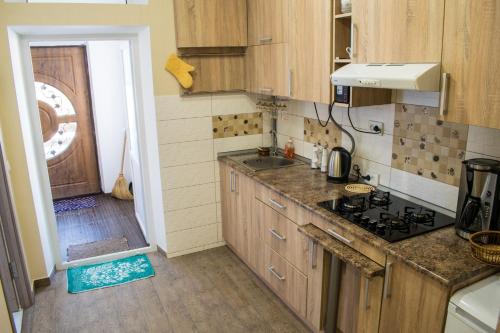 a kitchen with a sink and a stove top oven at Центрові апартаменти in Ivano-Frankivsʼk