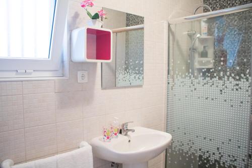 a bathroom with a sink and a shower at Apartamento Sandra in Ponta Delgada