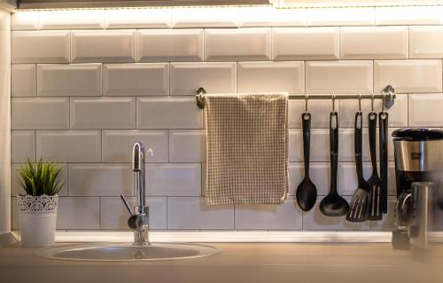 eine Küchenspüle mit Küchenutensilien, die an der Wand hängen in der Unterkunft Oldies Apartment in Sibiu
