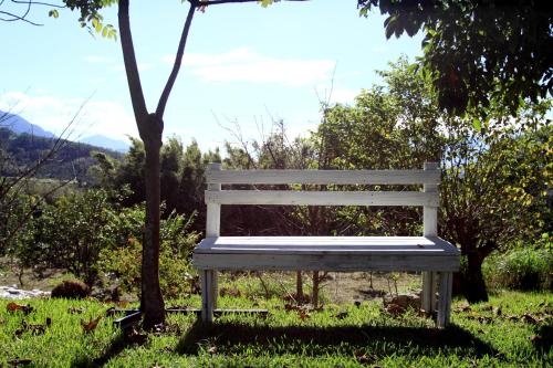 a white bench sitting in the grass next to a tree at Lowkey B&B 低調民宿 in Fuli