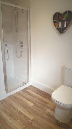a bathroom with a shower and a toilet at Olavat Cottage detached property with parking in Inverness