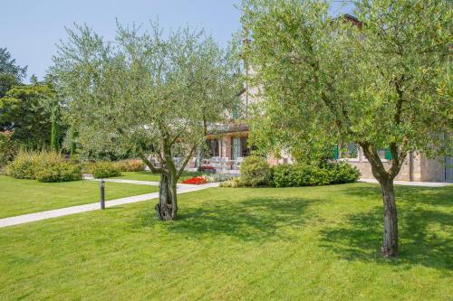 two trees in the grass in front of a house at Antico Casale Bergamini in SantʼAmbrogio di Valpolicella