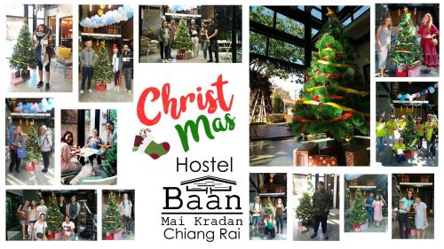 a collage of photos with a christmas tree at Baan Mai Kradan Hostel Chiang Rai in Chiang Rai