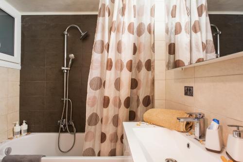 a bathroom with a shower and a tub and a sink at Best Private Rooms in apartment in safe area in Athens