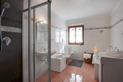 a bathroom with a shower and a sink and a toilet at Chaletapartement Ambiente Villa Mozart in Chienes