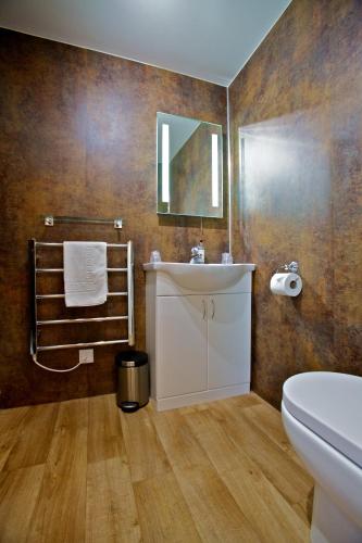 a bathroom with a sink and a toilet and a mirror at The Shore in Kirkwall