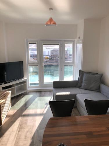 a living room with a couch and a flat screen tv at Raphael Heights in Newport