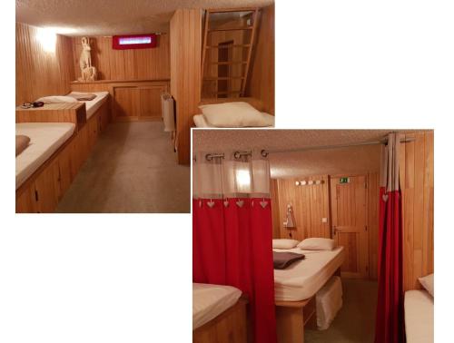 シャンルッスにあるAppart Eterlou Chamrousseの洗面台2つとトイレ付きのバスルームの写真2枚