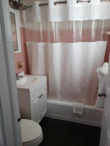 a bathroom with a sink and a shower curtain at The Palms On Ocean in Pompano Beach