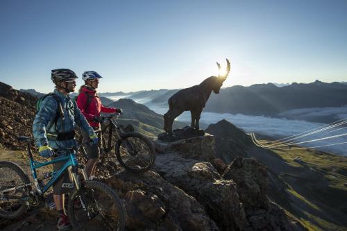 two people on bikes and a goat statue on a mountain at Hotel Rosatsch in Pontresina