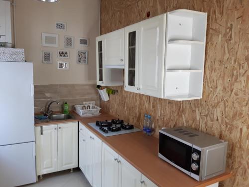 a kitchen with white cabinets and a microwave at Apartament Zwycięstwa in Gliwice