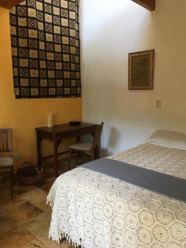 a bedroom with a bed and a table and a desk at Refugio en el bosque de agua en Cuernavaca in Cuernavaca