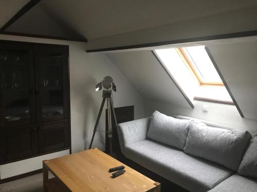 ein Wohnzimmer mit Sofa und Kamera in der Unterkunft Ferienwohnung Wachsmann in Großefehn 