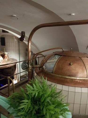 a kitchen with a copper pot on the wall at Hotel Gasthof Traubenbräu in Krumbach