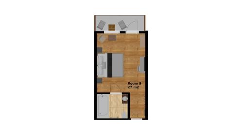 a floor plan of a small apartment with a door at Pension Sonnenheim in Gmünd in Kärnten