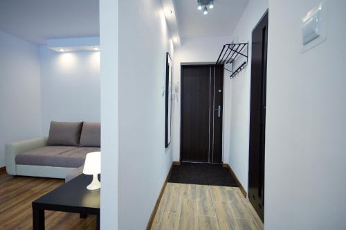salon z kanapą i drzwiami w obiekcie Apartament Chełm w mieście Chełm