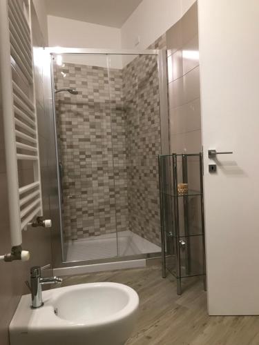 a bathroom with a shower and a white sink at A Matera "Sotto i pini" in Matera