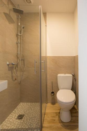 a bathroom with a toilet and a shower at Hotel Strandräuber in Kalifornien