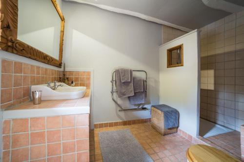 La salle de bains est pourvue d'un lavabo et d'un miroir. dans l'établissement Moulin de Latreille, à Calès