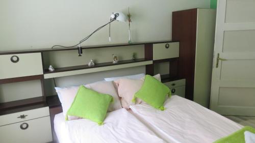 a bedroom with a bed with green and pink pillows at Guest House Pavlovic in Soko Banja